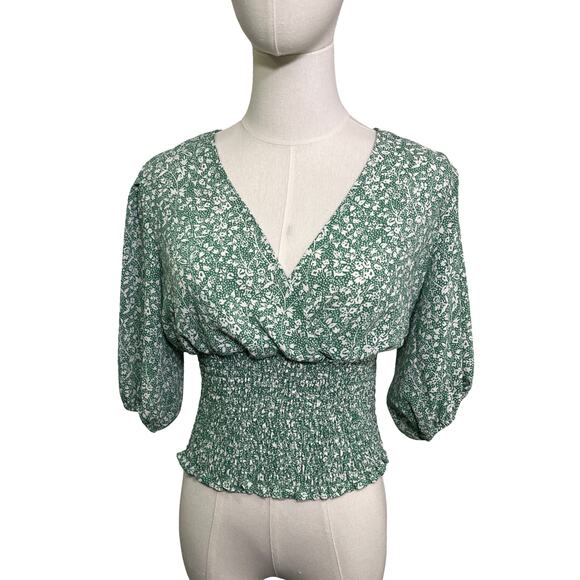 1.STATE Green Floral Smocked Waist Puff Sleeve Blouse Size S - Picture 1 of 8